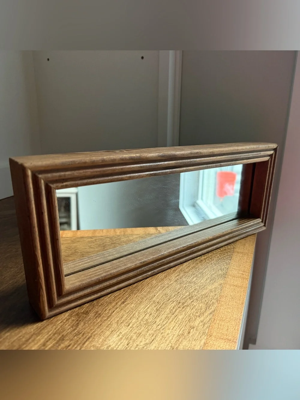 Vintage MCM Narrow Rectangular Accent Mirror, Brown Wood Frame